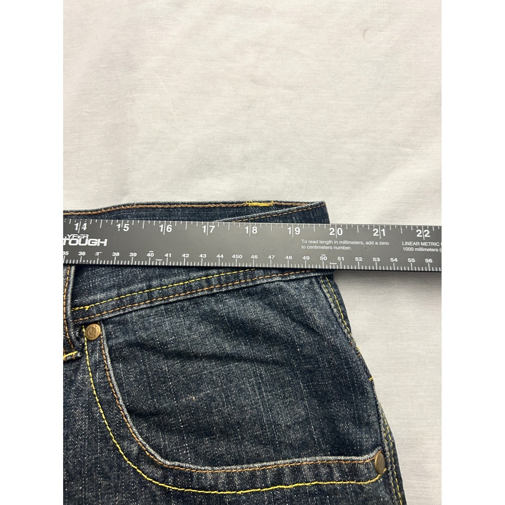 Akademiks Khan Men 40 Dark Wash Denim Shorts Baggy Y2K Streetwear Yellow Stitch - Picture 5 of 9